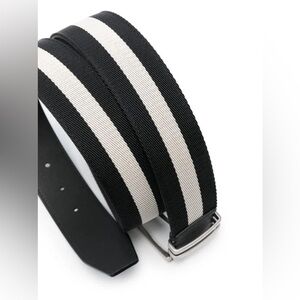 Bally Reversible Silver B-buckle Belt, Navy/White striped Fabric / Black leather